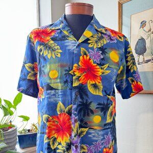 RJC Blue Red Yellow Floral Classic Hawaiian Aloha Shirt sz L